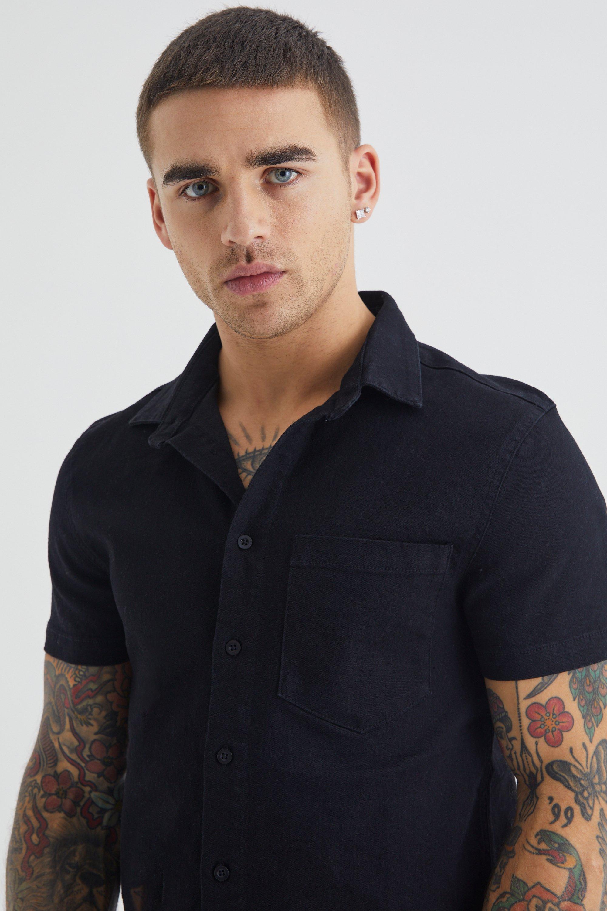 Denim polo shirt short hot sale sleeve